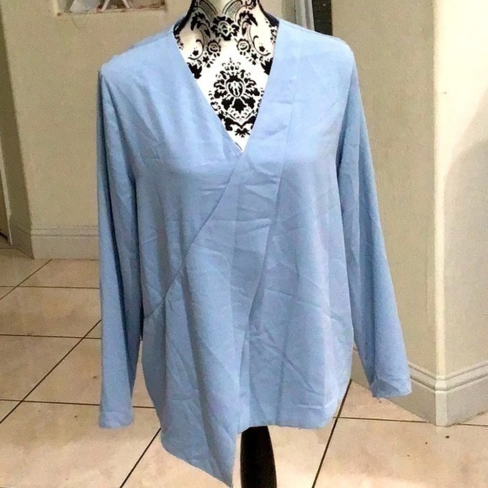 ALFANI Womens Blue Asymmetrical Hem Long Sleeve V Neck Top L